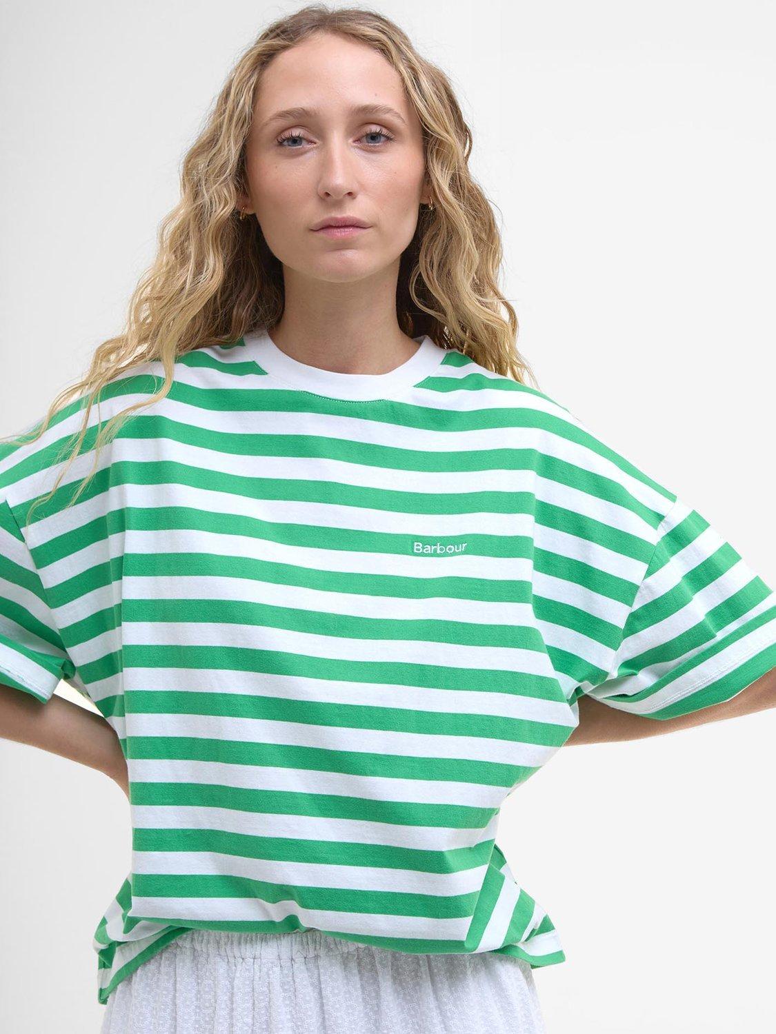 Product image 5 of 6, which shows Barbour Abby Striped Cotton Oversized  T-Shirt, White/Kelly Green, 10