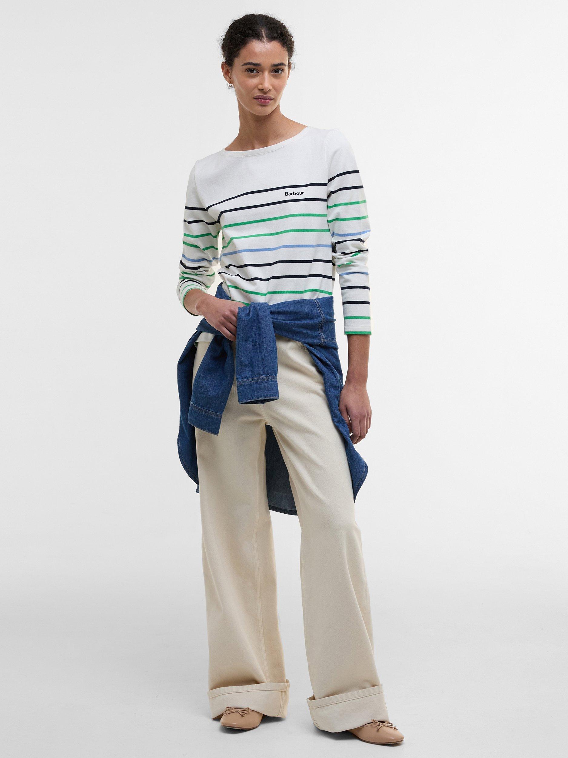 Product image 3 of 11, which shows Barbour Hawkins Script Embroidered Striped Cloud Cotton Top, Cloud/Multi, 8