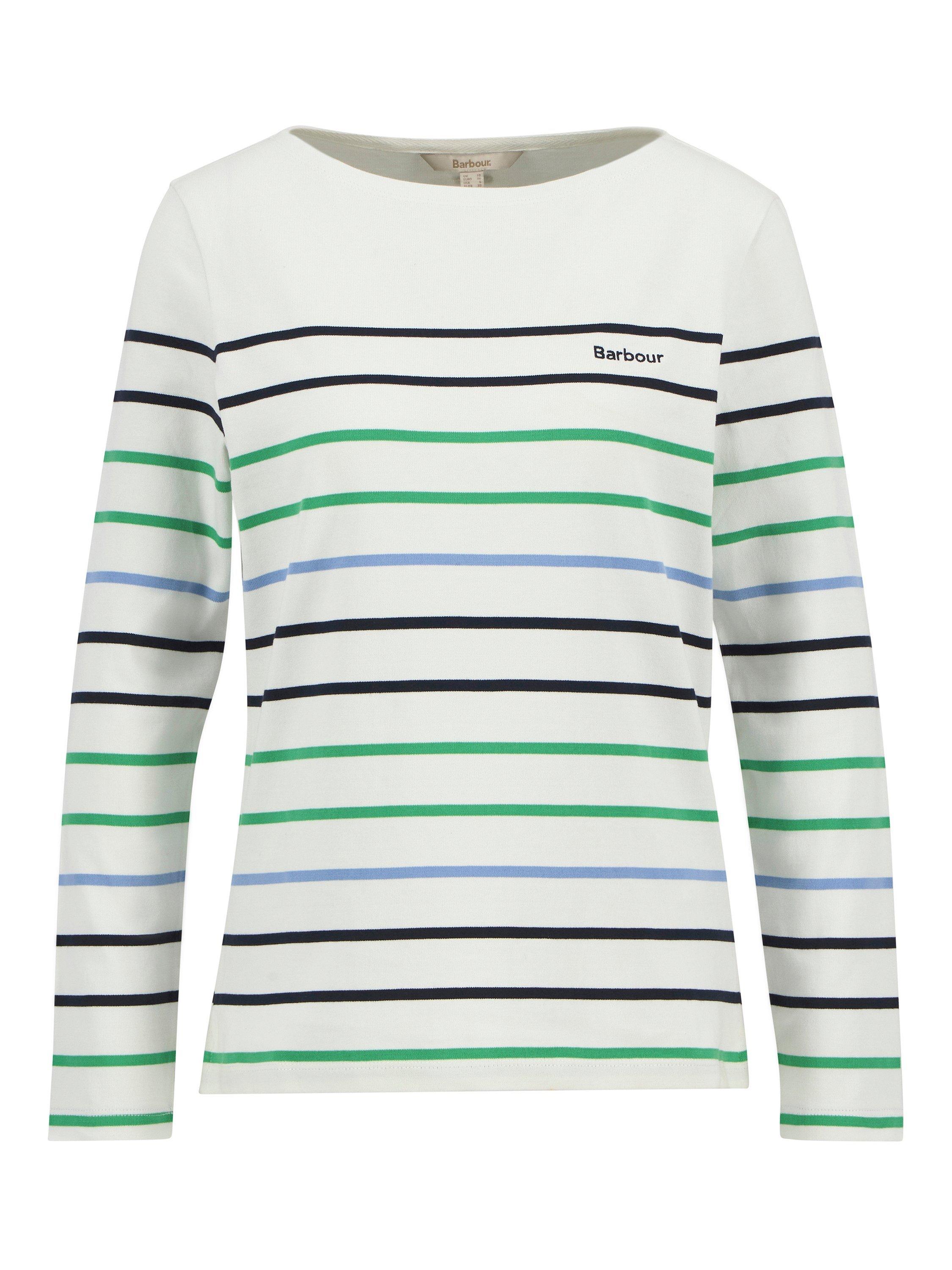 Product image 4 of 11, which shows Barbour Hawkins Script Embroidered Striped Cloud Cotton Top, Cloud/Multi, 8