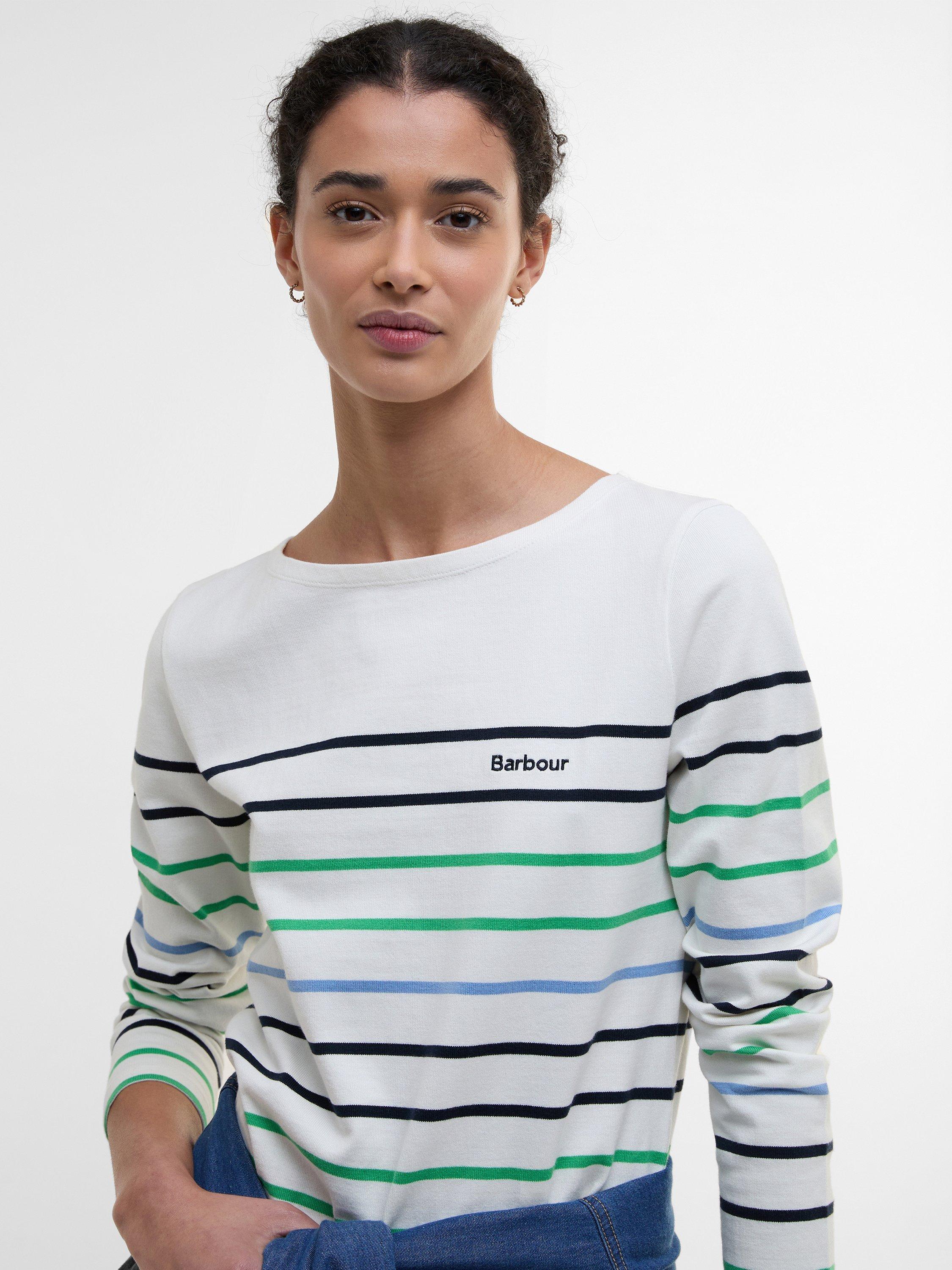 Product image 5 of 11, which shows Barbour Hawkins Script Embroidered Striped Cloud Cotton Top, Cloud/Multi, 8