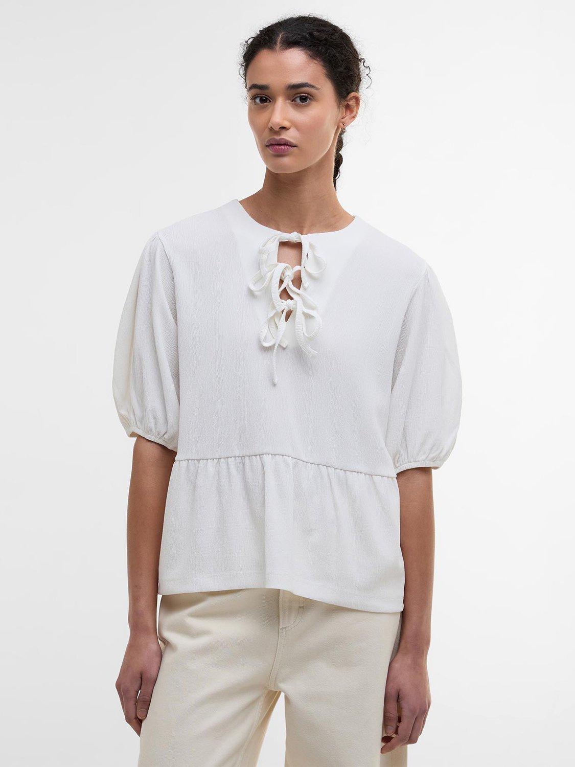 Product image 1 of 7, which shows Barbour Louise Puff Sleeve Mixed Blend Peplum Tie Blouse, Cloud, 10