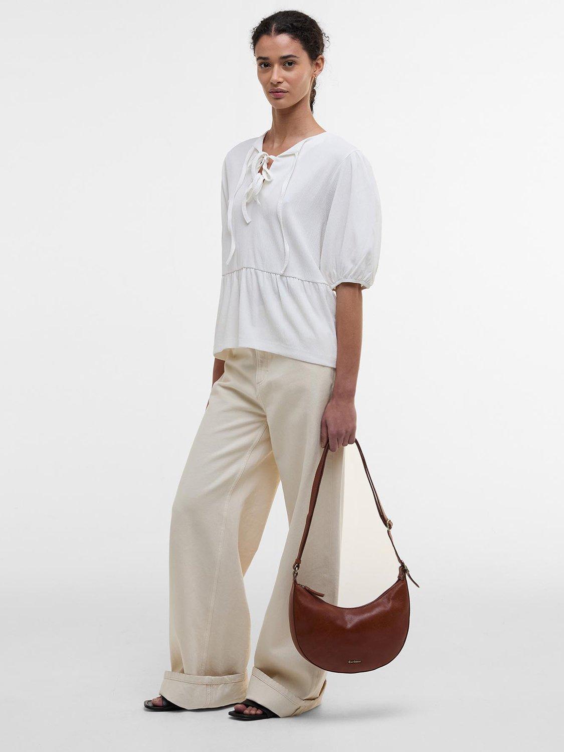 Product image 3 of 7, which shows Barbour Louise Puff Sleeve Mixed Blend Peplum Tie Blouse, Cloud, 10