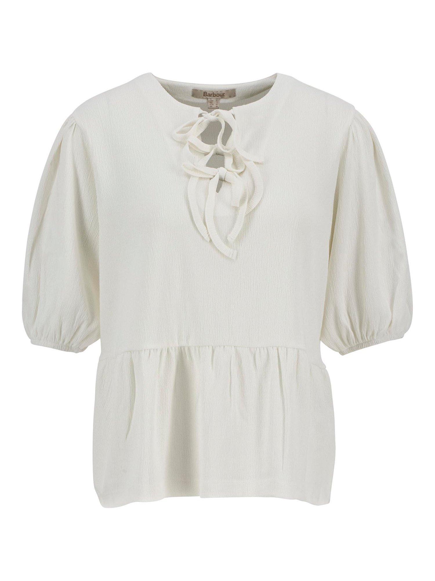Product image 4 of 7, which shows Barbour Louise Puff Sleeve Mixed Blend Peplum Tie Blouse, Cloud, 10
