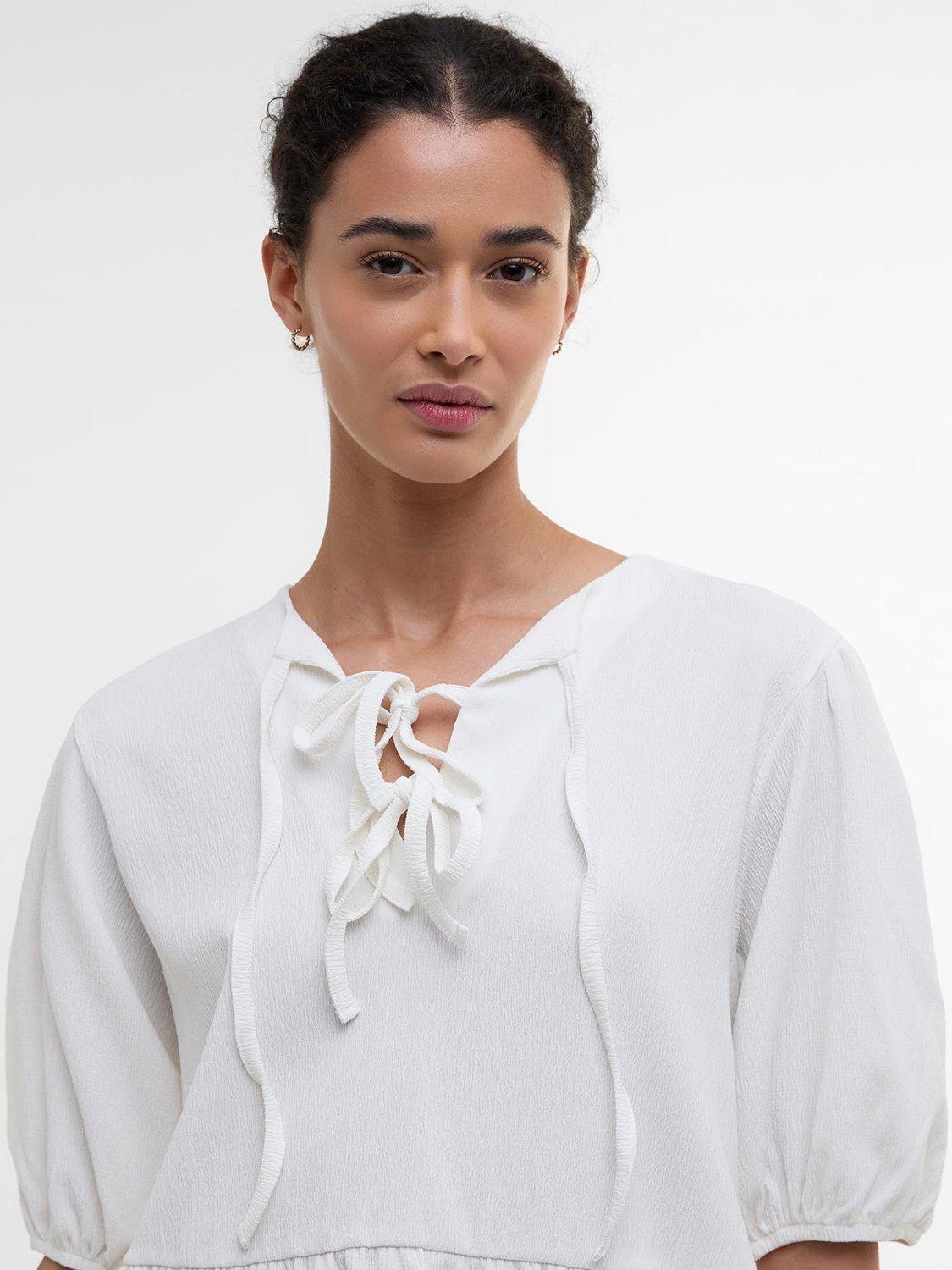 Product image 5 of 7, which shows Barbour Louise Puff Sleeve Mixed Blend Peplum Tie Blouse, Cloud, 10
