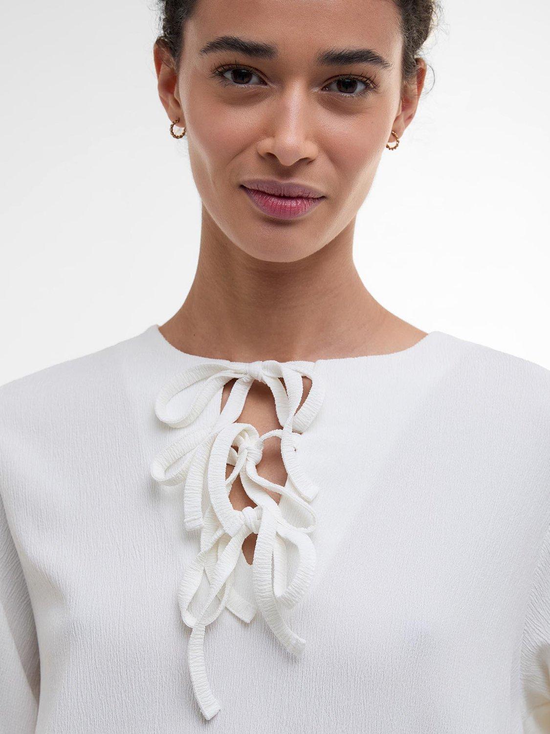 Product image 6 of 7, which shows Barbour Louise Puff Sleeve Mixed Blend Peplum Tie Blouse, Cloud, 10