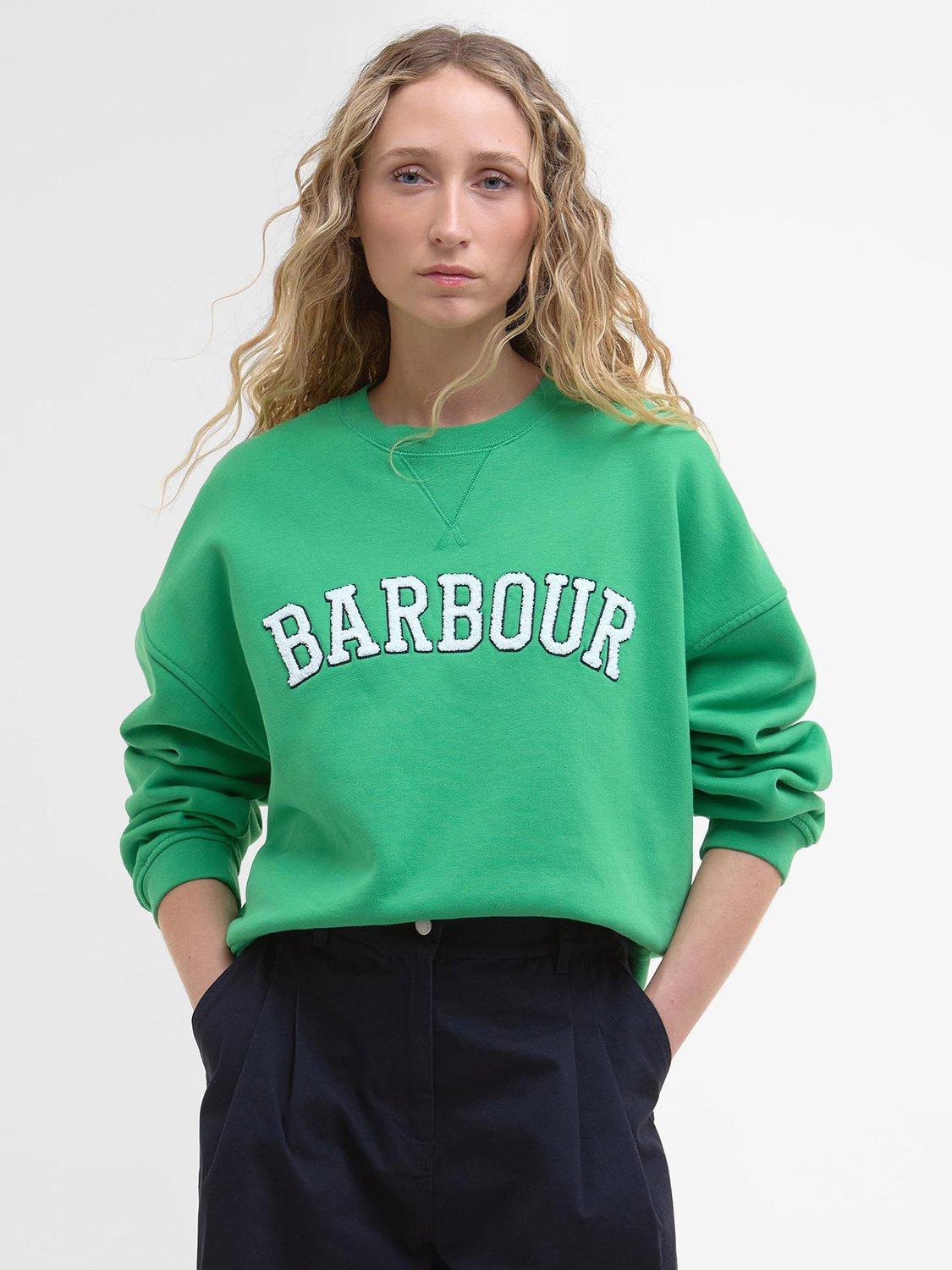 Product image 1 of 5, which shows Barbour Silverdale Boucle Graphic Cotton Varsity Sweatshirt, Kelly Green, 8