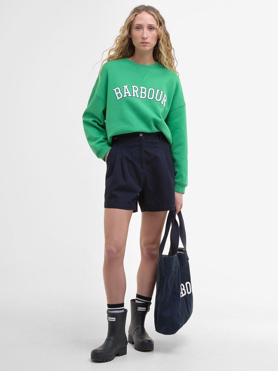 Product image 3 of 5, which shows Barbour Silverdale Boucle Graphic Cotton Varsity Sweatshirt, Kelly Green, 8