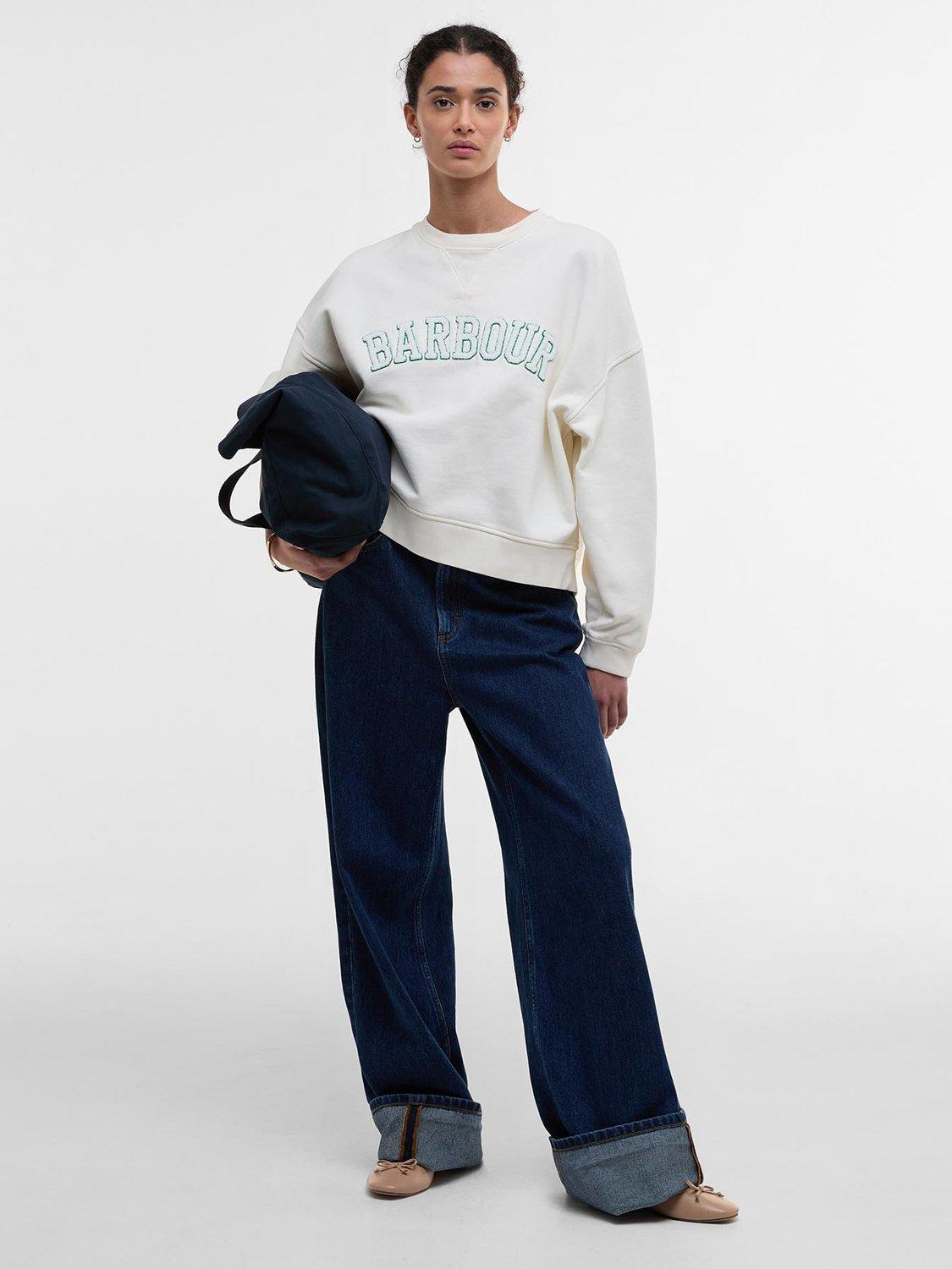 Product image 3 of 7, which shows Barbour Silverdale Boucle Graphic Cotton Varsity Sweatshirt, Neutral, 8