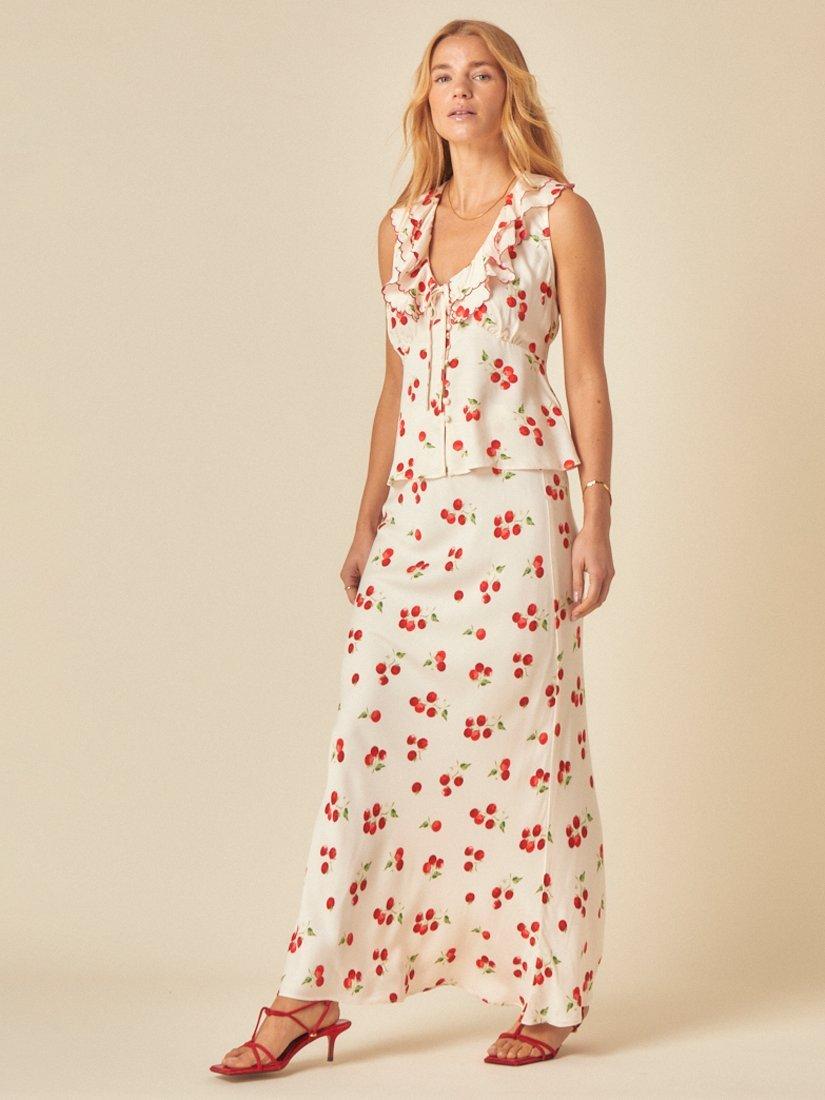Product image 2 of 4, which shows Nobody's Child Tommie Sleeveless Ruffle V-Neck Tomato Print Top, White/Red, 6