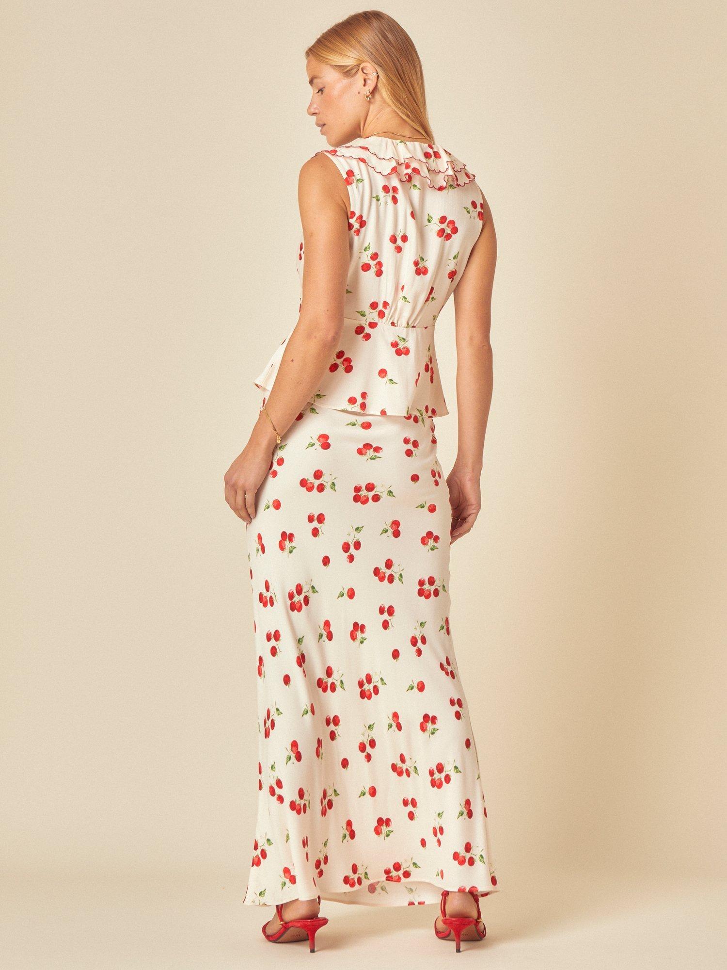 Product image 4 of 4, which shows Nobody's Child Tommie Sleeveless Ruffle V-Neck Tomato Print Top, White/Red, 6
