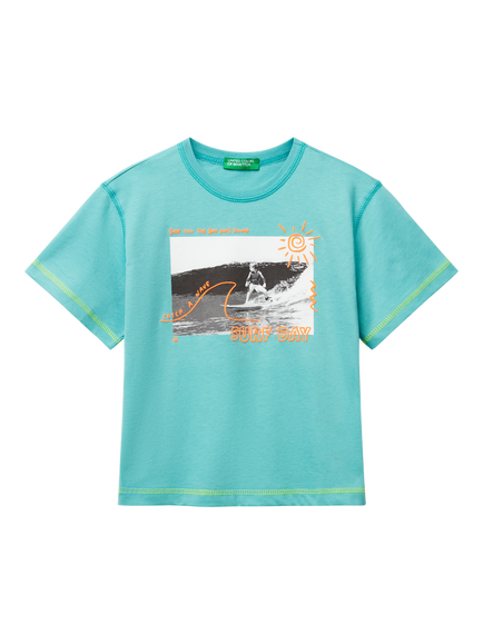 Benetton Kids' Cotton Surf Day Graphic T-Shirt, Teal Green, Teal Green