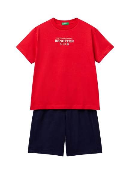 Benetton Kids' Cotton Logo T-Shirt & Shorts Set, Red, Red