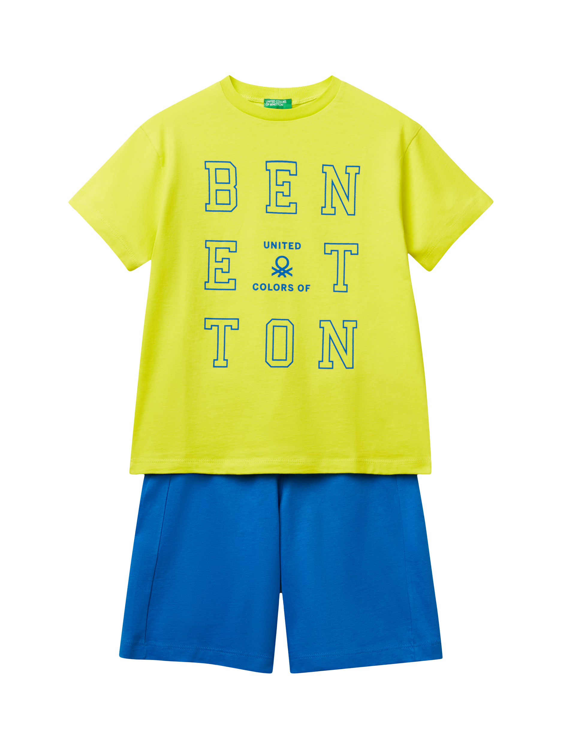 Product image 1 of 3, which shows Benetton Kids' Cotton Logo T-Shirt & Shorts Set, Lime, 6-7 years