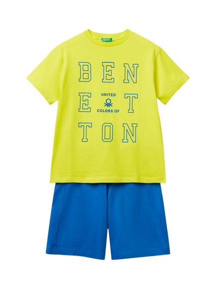 Benetton Kids' Cotton Logo T-Shirt & Shorts Set, Lime, Lime