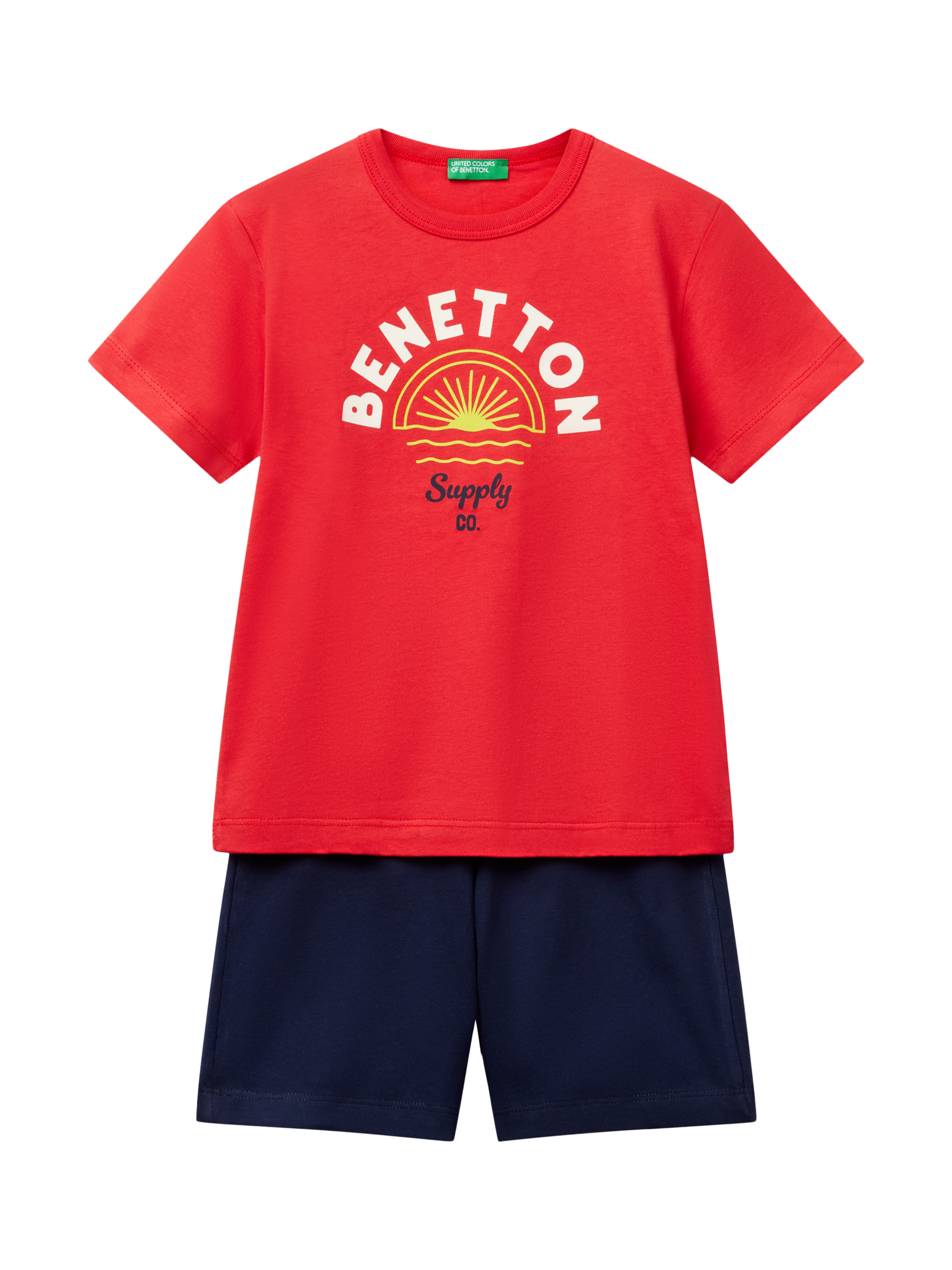 Product image 1 of 3, which shows Benetton Kids' Cotton Logo T-Shirt & Shorts Set, Red, 3-4 years