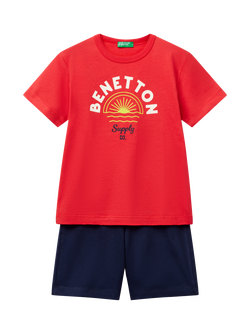 Benetton Kids' Cotton Logo T-Shirt & Shorts Set, Red, Red