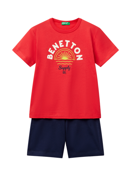 Benetton Kids' Cotton Logo T-Shirt & Shorts Set, Red, Red