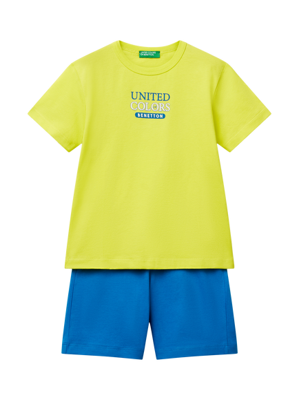 Benetton Kids' Cotton Logo T-Shirt & Shorts Set, Lime, Lime