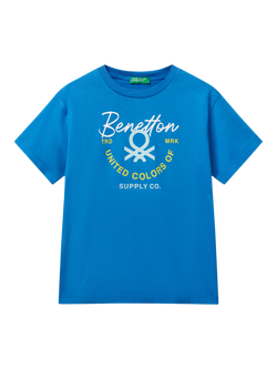 Benetton Kids' Cotton Logo Short Sleeve T-Shirt, Blue, Blue