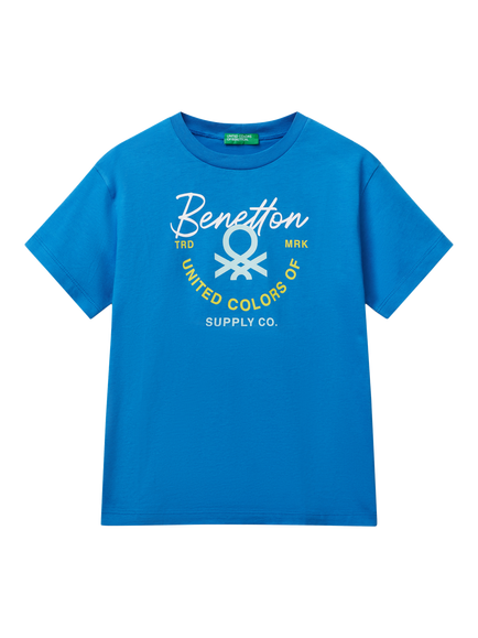 Benetton Kids' Cotton Logo Short Sleeve T-Shirt, Blue, Blue