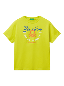 Benetton Kids' Cotton Crew Neck Short Sleeve T-Shirt, Lime