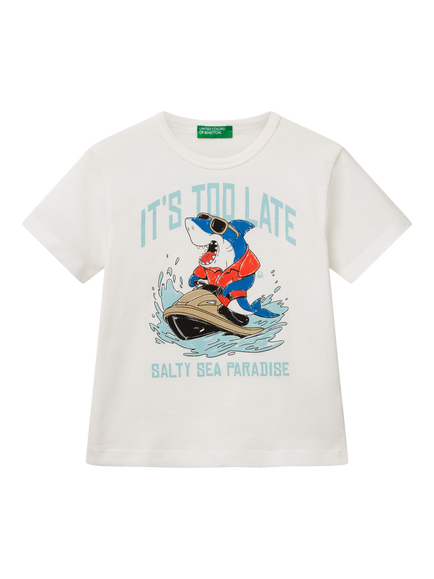 Benetton Kids' Shark Jet Ski T-Shirt, Offwhite, Offwhite