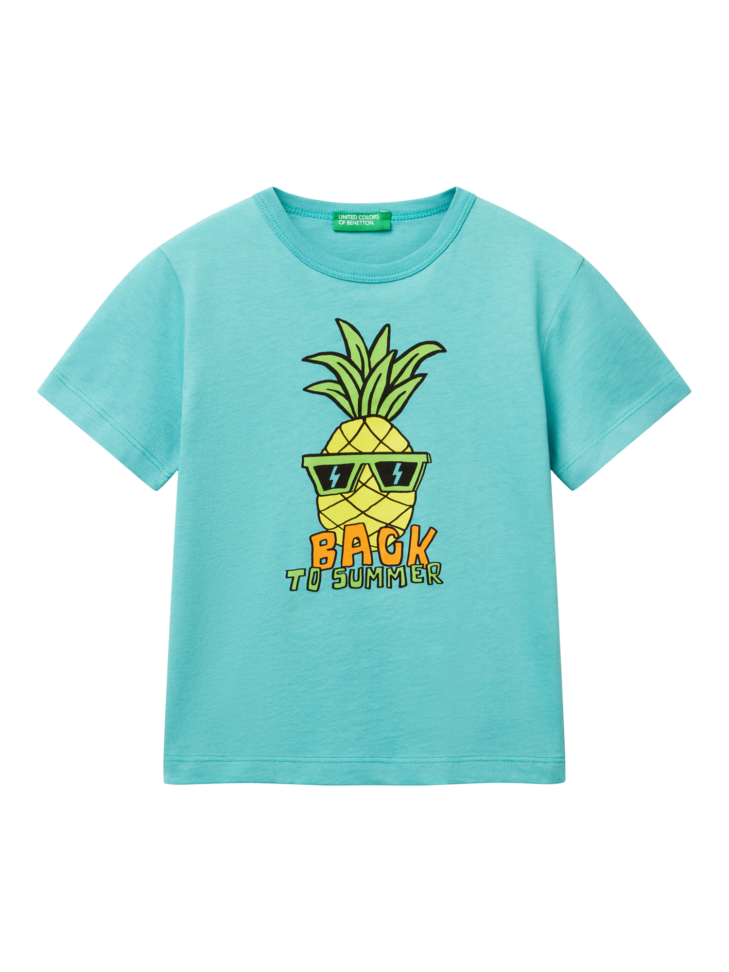 Product image 1 of 3, which shows Benetton Kids' Pineapple T-Shirt, Teal Green, 3-4 years
