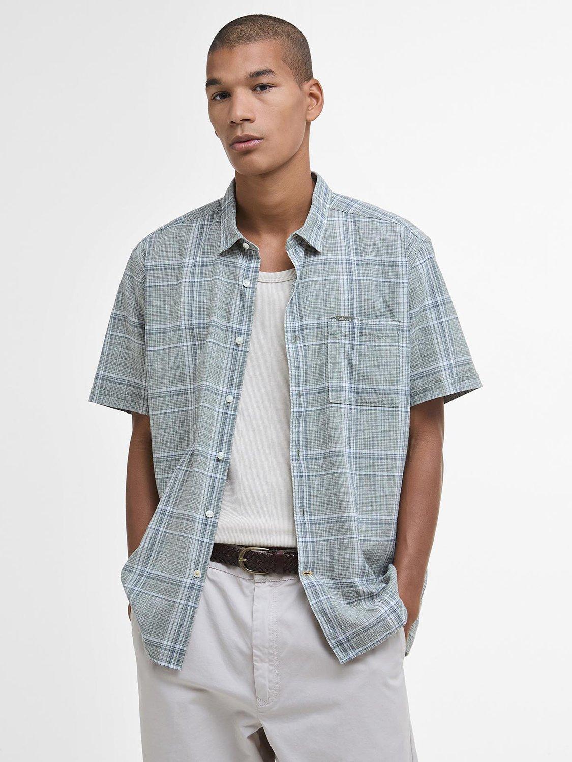 Product image 1 of 6, which shows Barbour Coldingham Linen Blend Regular Fit Check Shirt, Light Moss, S
