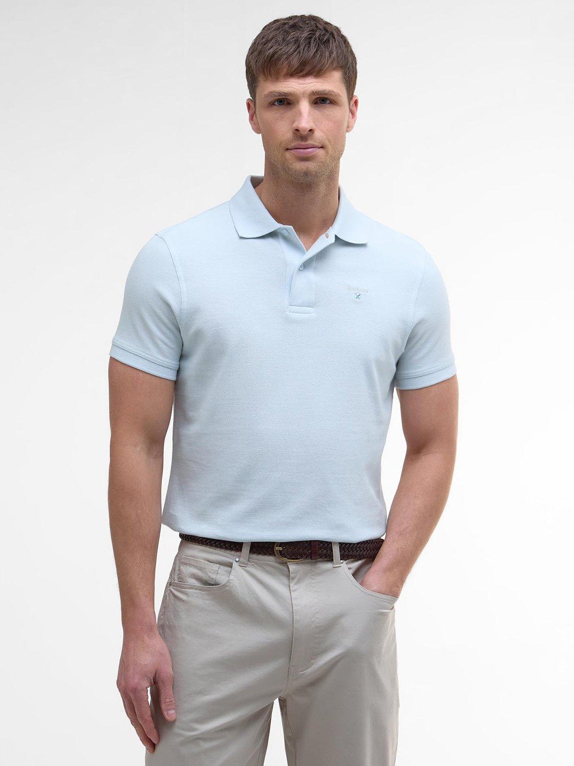 Product image 1 of 6, which shows Barbour Cotton Regular Fit Short Sleeve Sports Polo Shirt, Bleached Blue, L