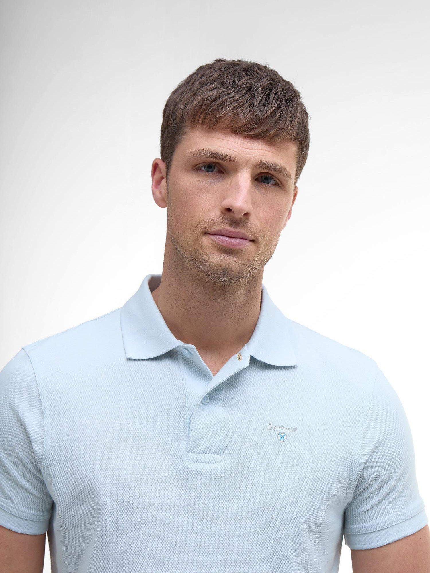 Product image 5 of 6, which shows Barbour Cotton Regular Fit Short Sleeve Sports Polo Shirt, Bleached Blue, L