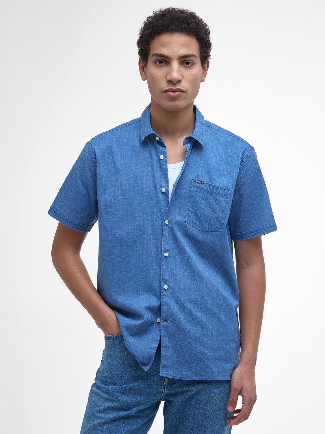 Product image 1 of 6, which shows Barbour Regular Fit Pigment Sye Slub Short-Sleeved Shirt, Dark Denim, L