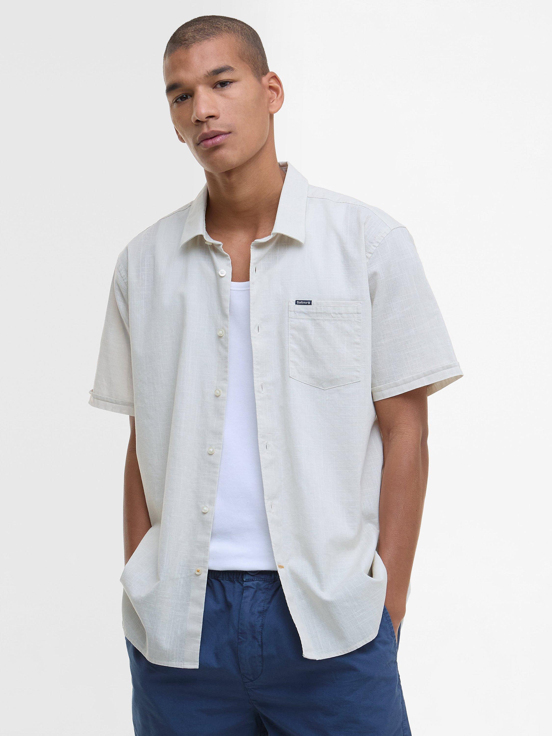 Product image 1 of 7, which shows Barbour Regular Fit Pigment Sye Slub Short-Sleeved Shirt, Oatmeal, S