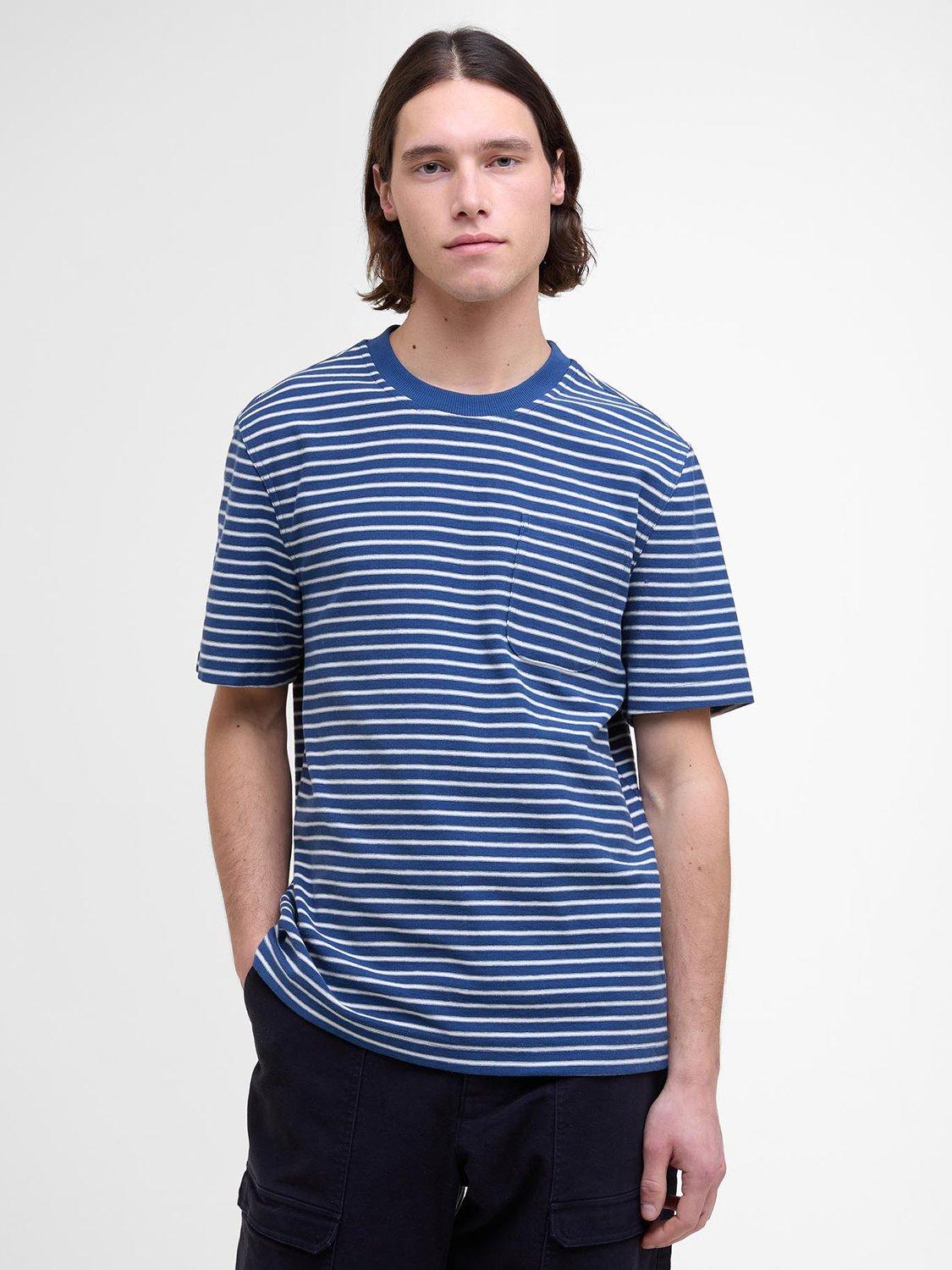 Product image 1 of 6, which shows Barbour Frensham Cotton Regular Fit Short Sleeve Stripe T-Shirt, Navy, L
