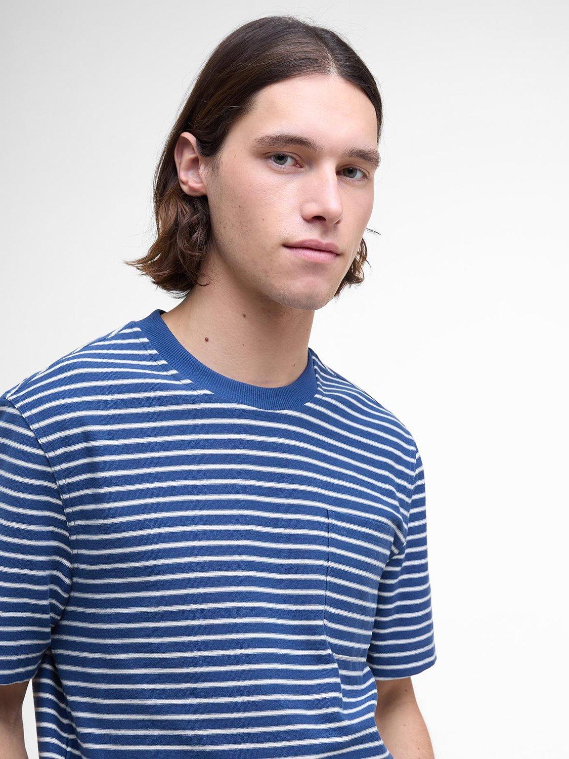 Product image 5 of 6, which shows Barbour Frensham Cotton Regular Fit Short Sleeve Stripe T-Shirt, Navy, L