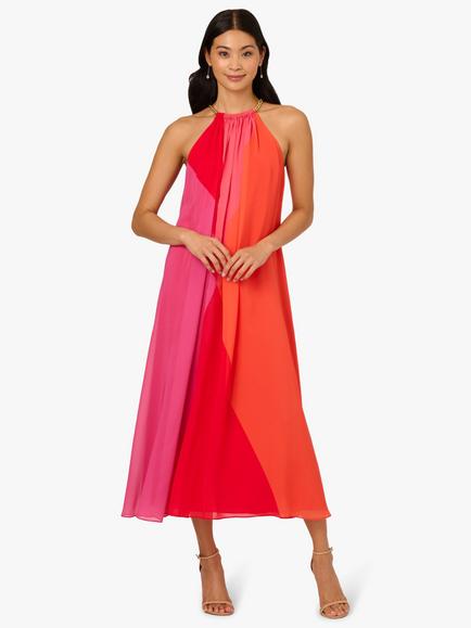 Adrianna Papell Trapeze Block Pattern Chiffon Dress, Red/Multi, Red/Multi