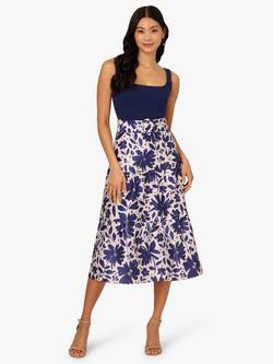 Adrianna Papell Combo Printed Crepe Midi Dress, Navy/Ivory