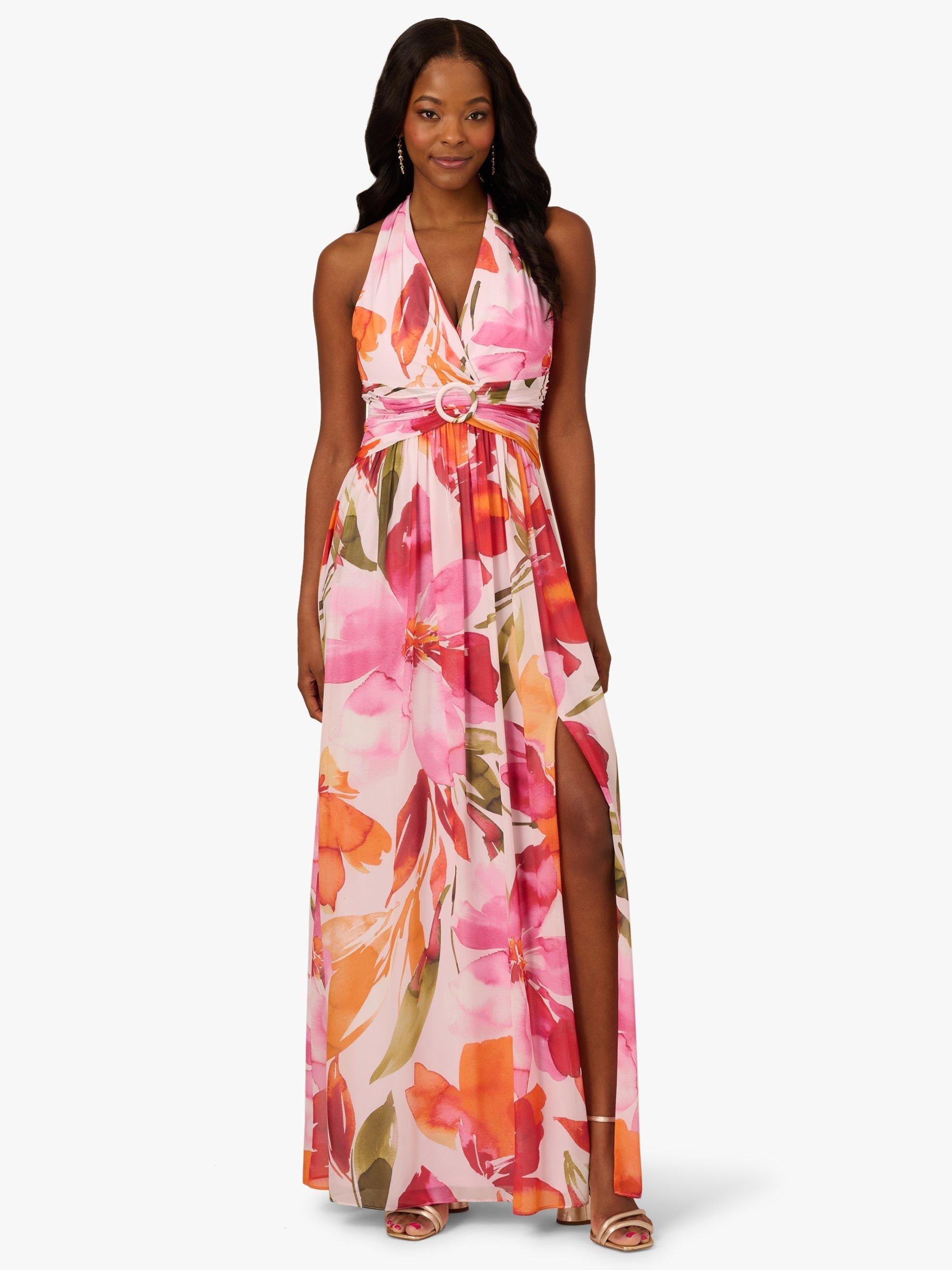 Product image 1 of 6, which shows Adrianna Papell Floral Ring Accent Chiffon Gown, Pink/Orange Multi, 6