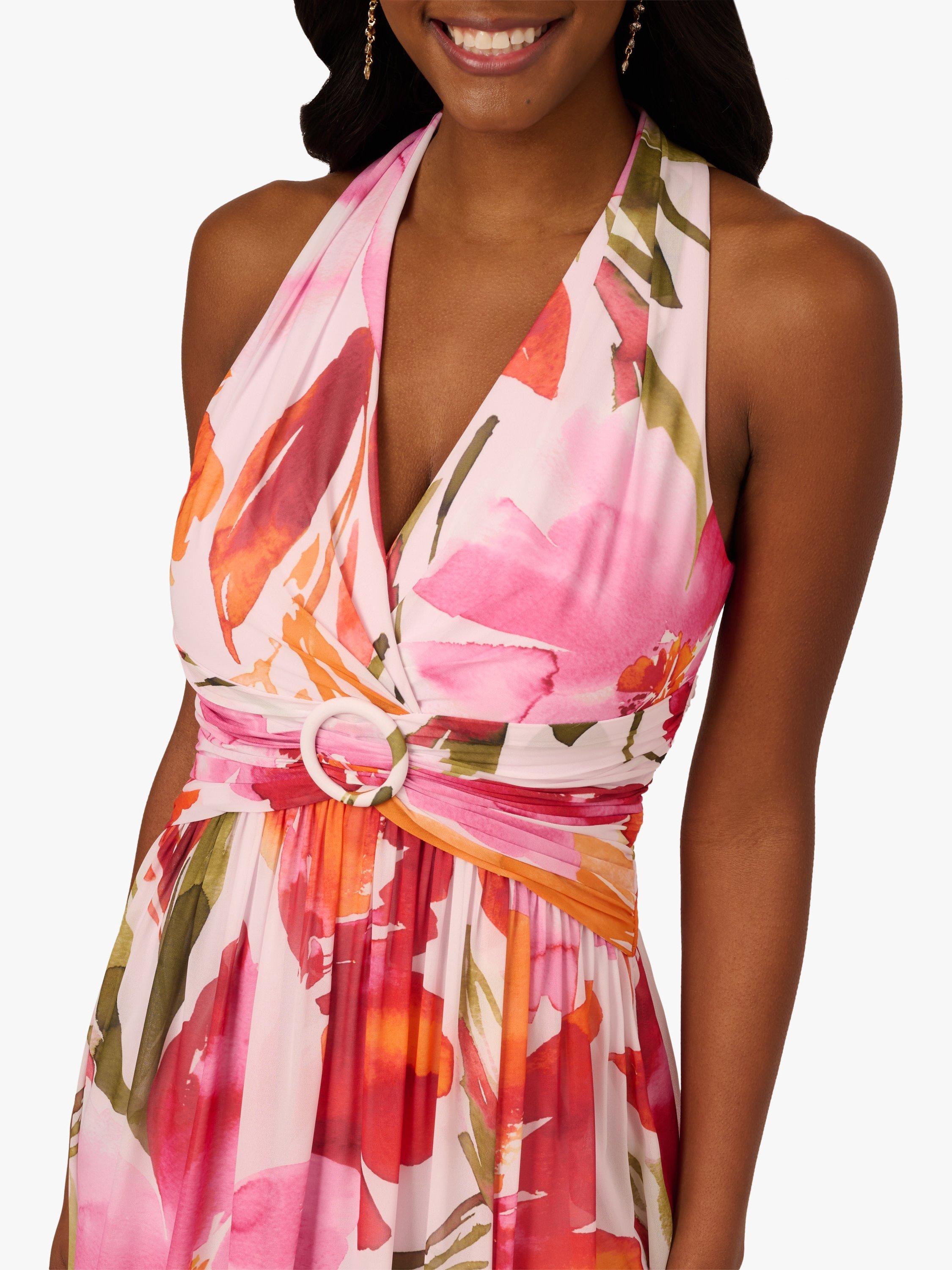 Product image 4 of 6, which shows Adrianna Papell Floral Ring Accent Chiffon Gown, Pink/Orange Multi, 6