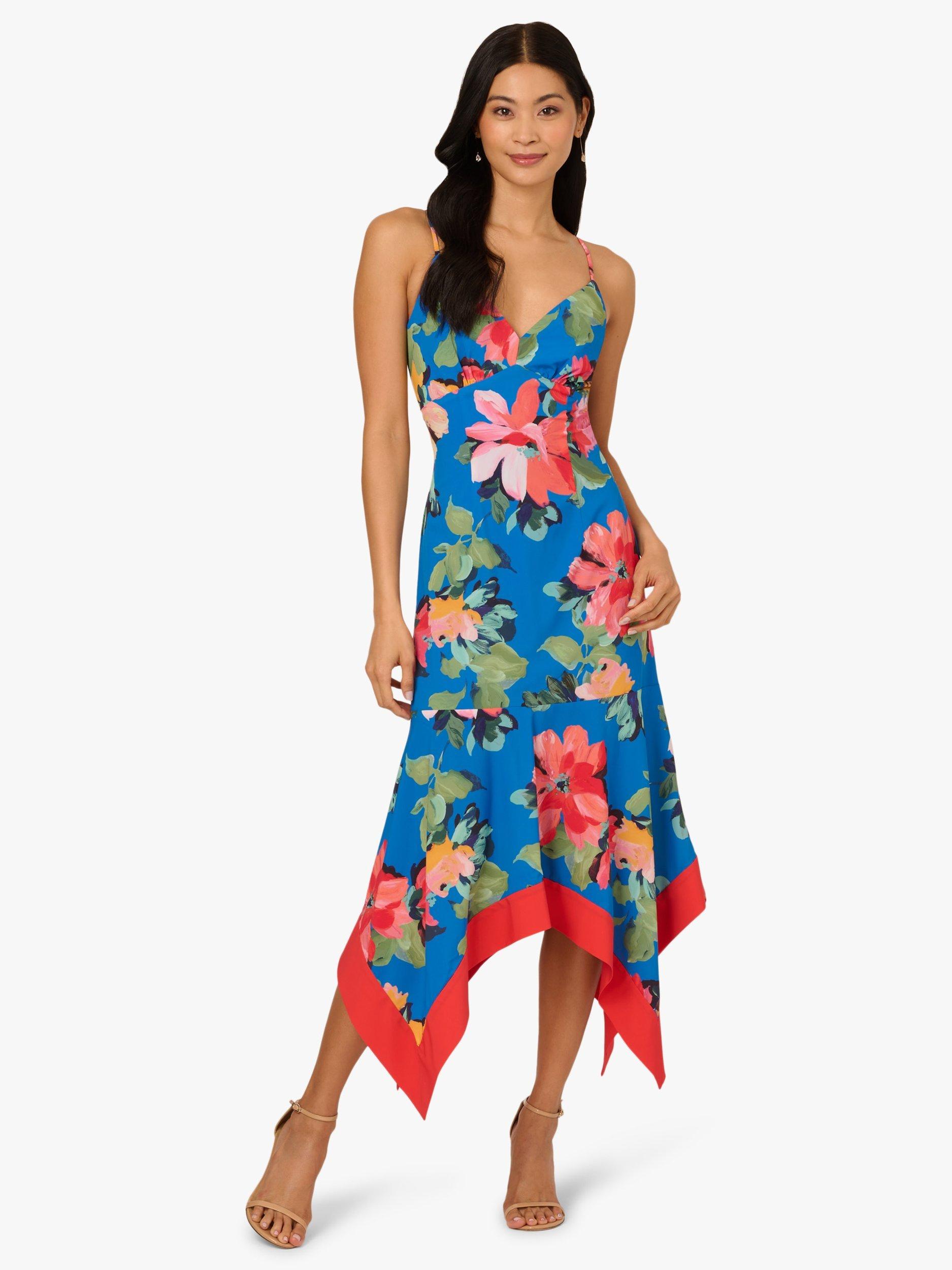 Product image 1 of 6, which shows Adrianna Papell Handkerchief Hem Floral Midi Dress, Blue/Multi, 6