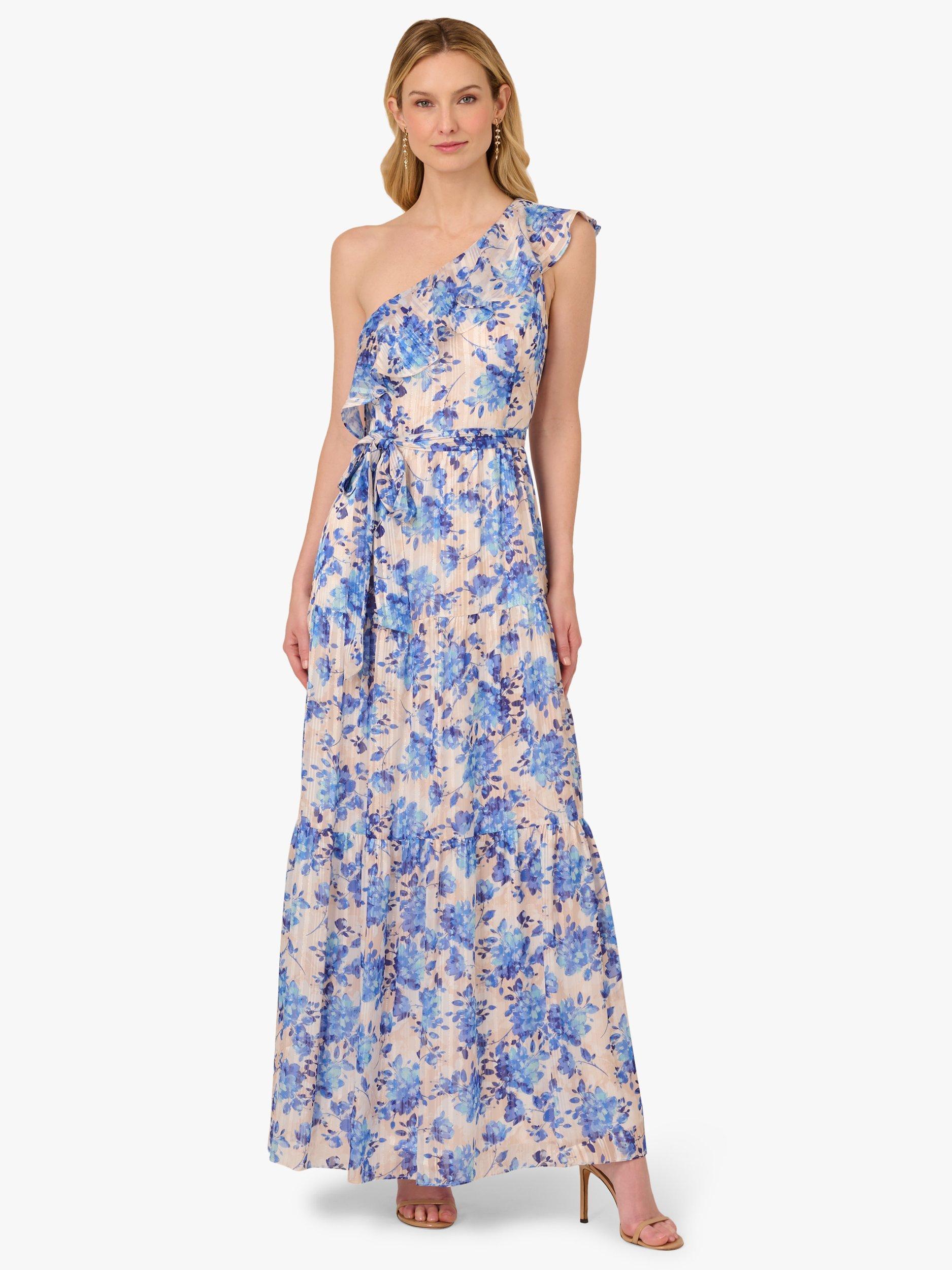 Product image 1 of 6, which shows Adrianna Papell Floral One Shoulder Satin Ankle Dress, Champagne/Blue Multi, 6