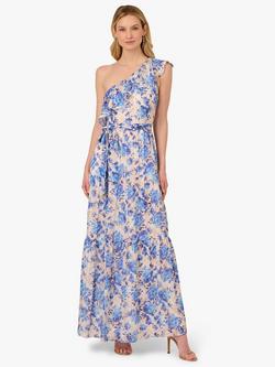 Adrianna Papell Floral One Shoulder Satin Ankle Dress, Champagne/Blue Multi, Champagne/Blue Multi