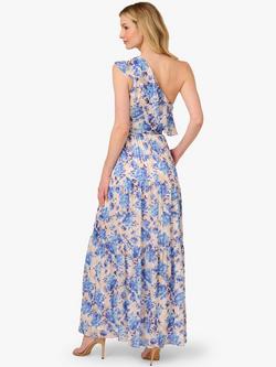 Adrianna Papell Floral One Shoulder Satin Ankle Dress, Champagne/Blue Multi - view 2, Champagne/Blue Multi