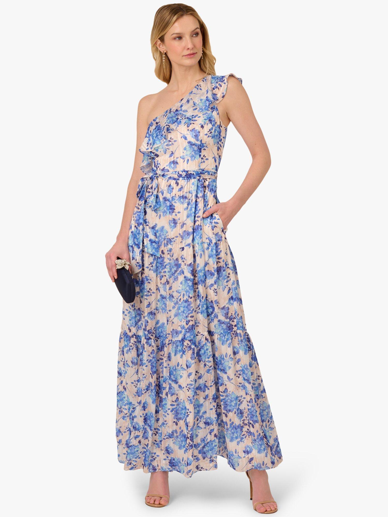 Product image 3 of 6, which shows Adrianna Papell Floral One Shoulder Satin Ankle Dress, Champagne/Blue Multi, 6