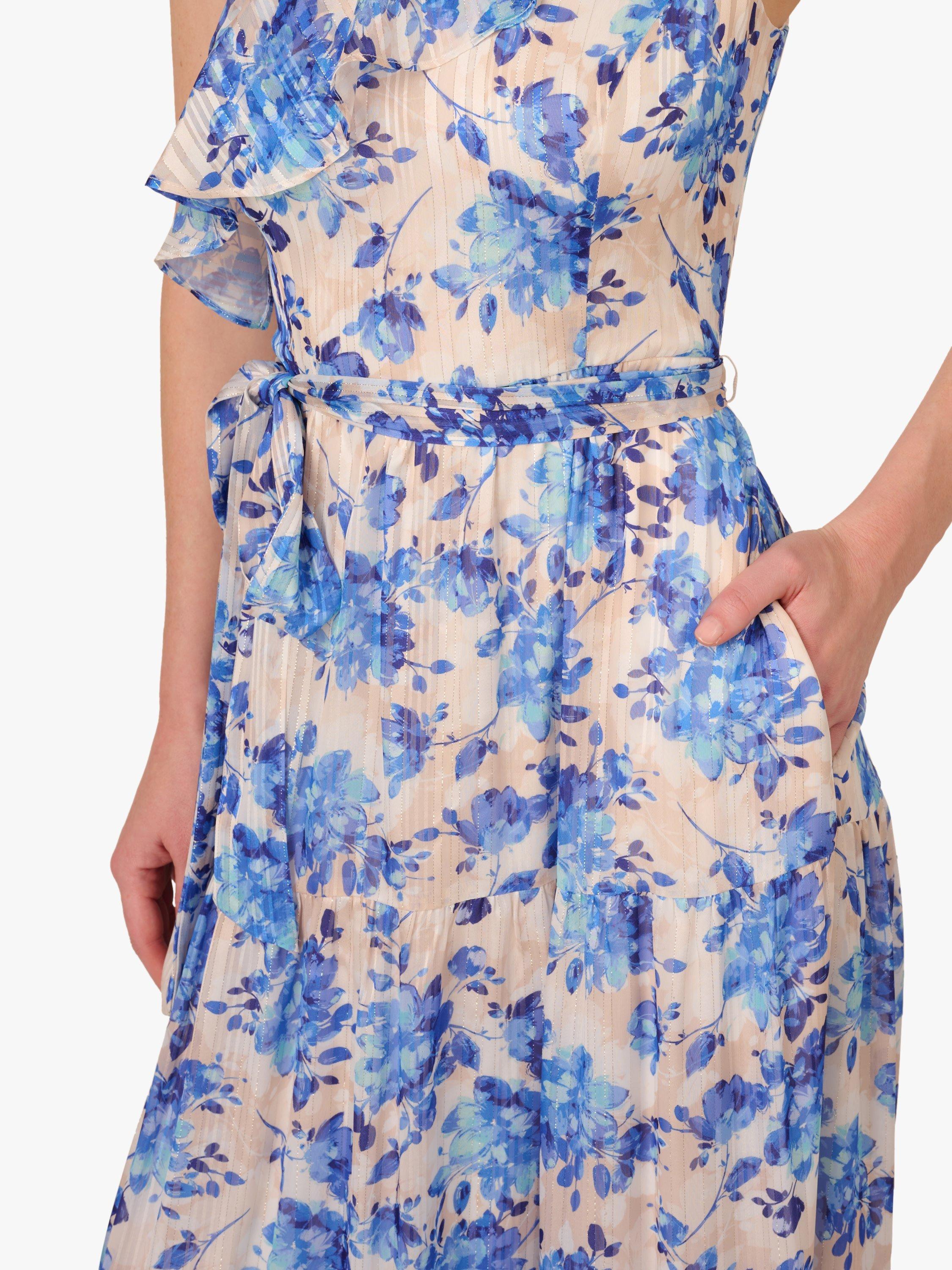 Product image 5 of 6, which shows Adrianna Papell Floral One Shoulder Satin Ankle Dress, Champagne/Blue Multi, 6