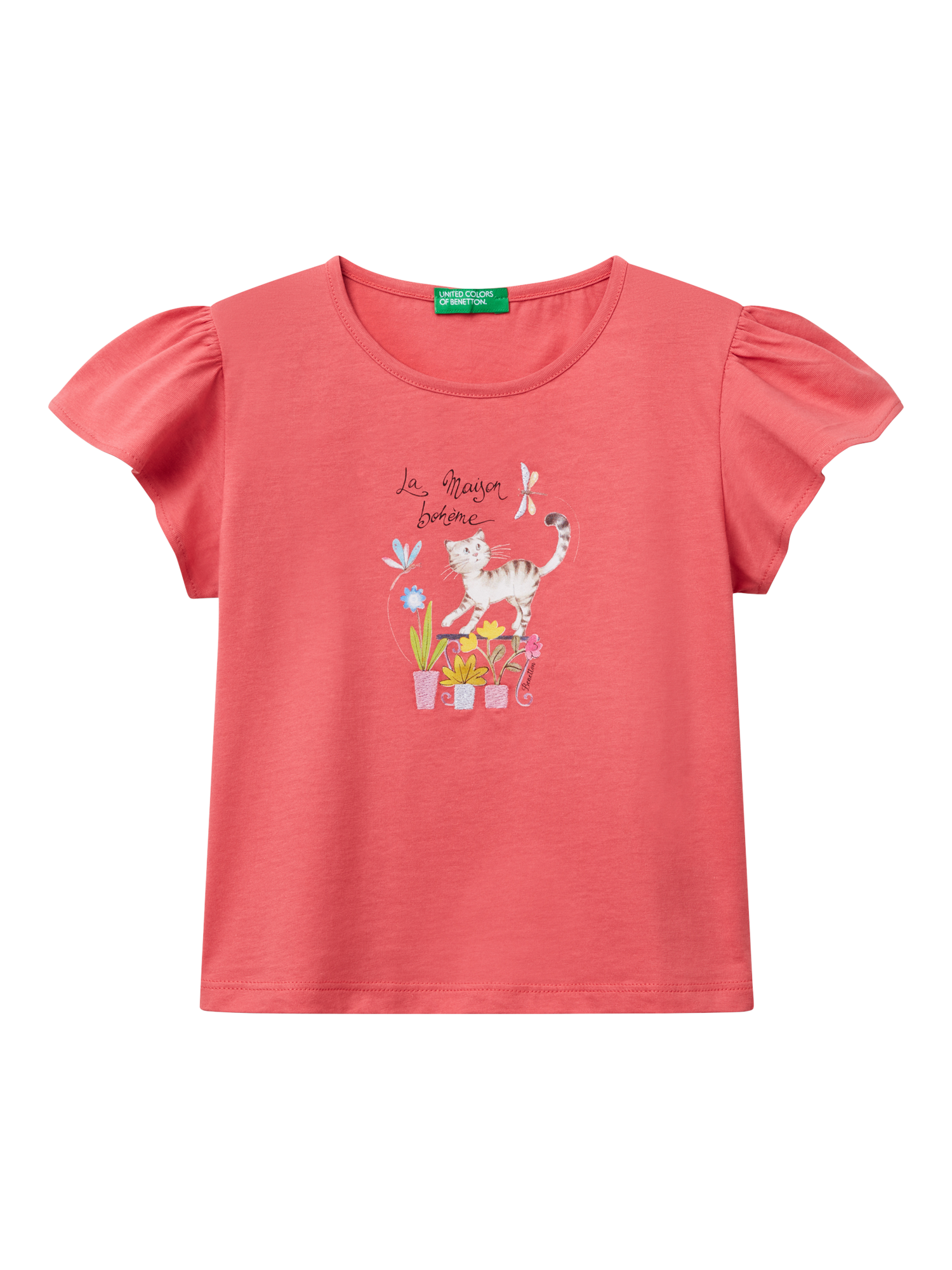 Benetton Kids' Cat Print T-Shirt, Cyclamen