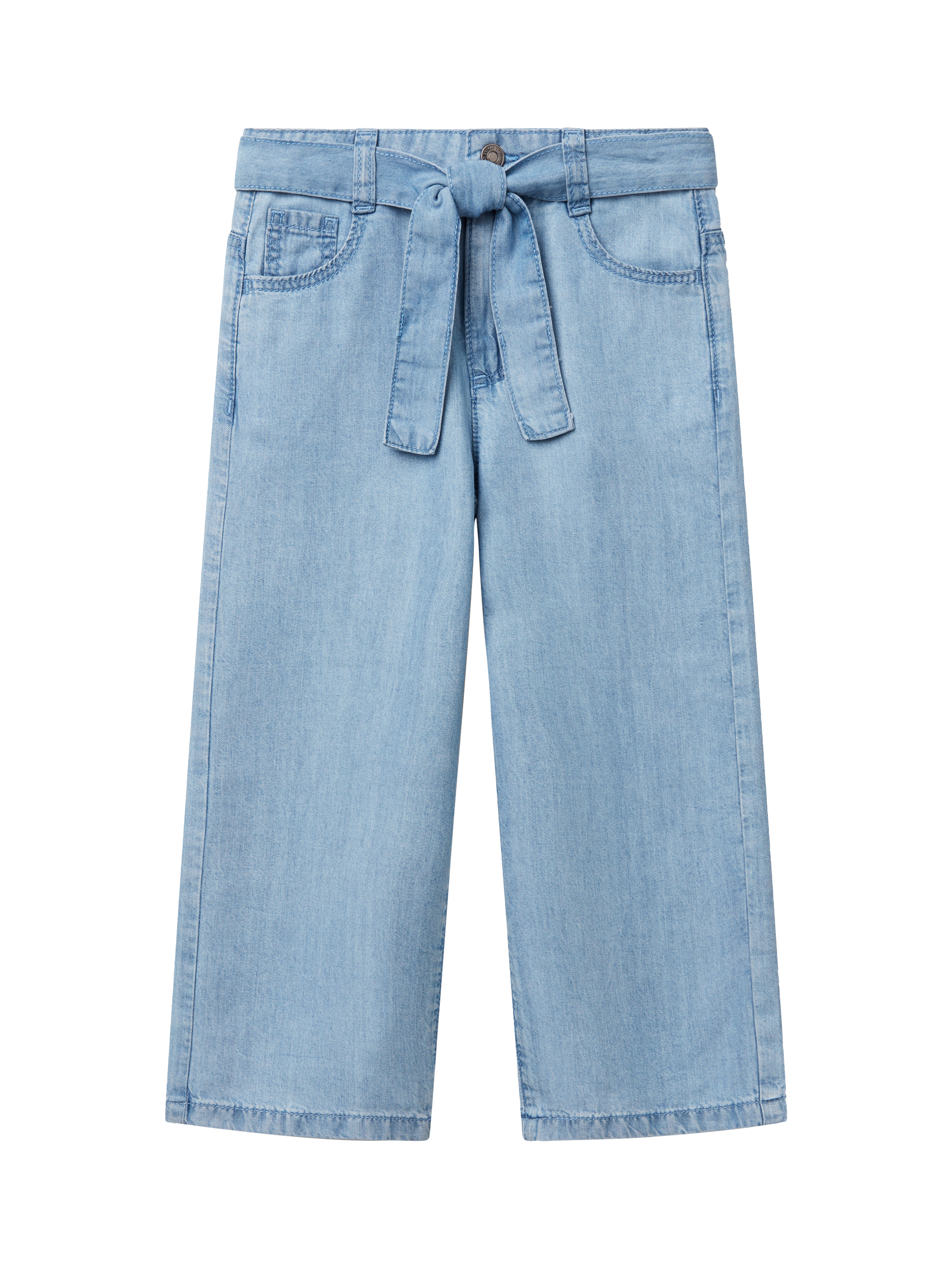 Product image 1 of 3, which shows Benetton Kids' Tie Waist Denim Trousers, Sky Blue, 3-4 years