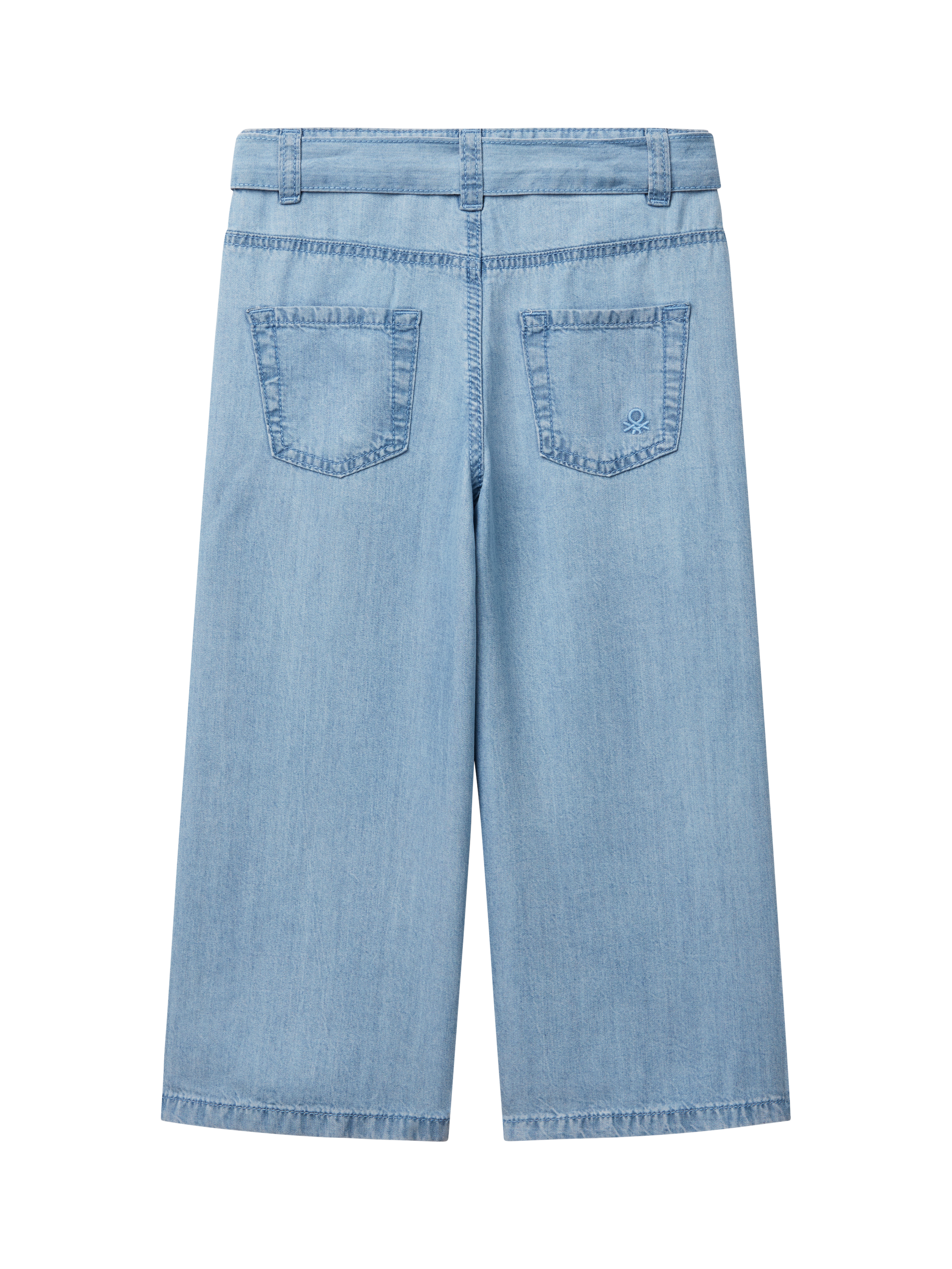 Product image 2 of 3, which shows Benetton Kids' Tie Waist Denim Trousers, Sky Blue, 3-4 years