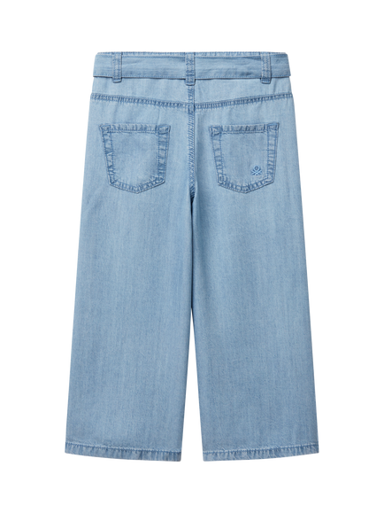Benetton Kids' Tie Waist Denim Trousers, Sky Blue - view 2, Sky Blue