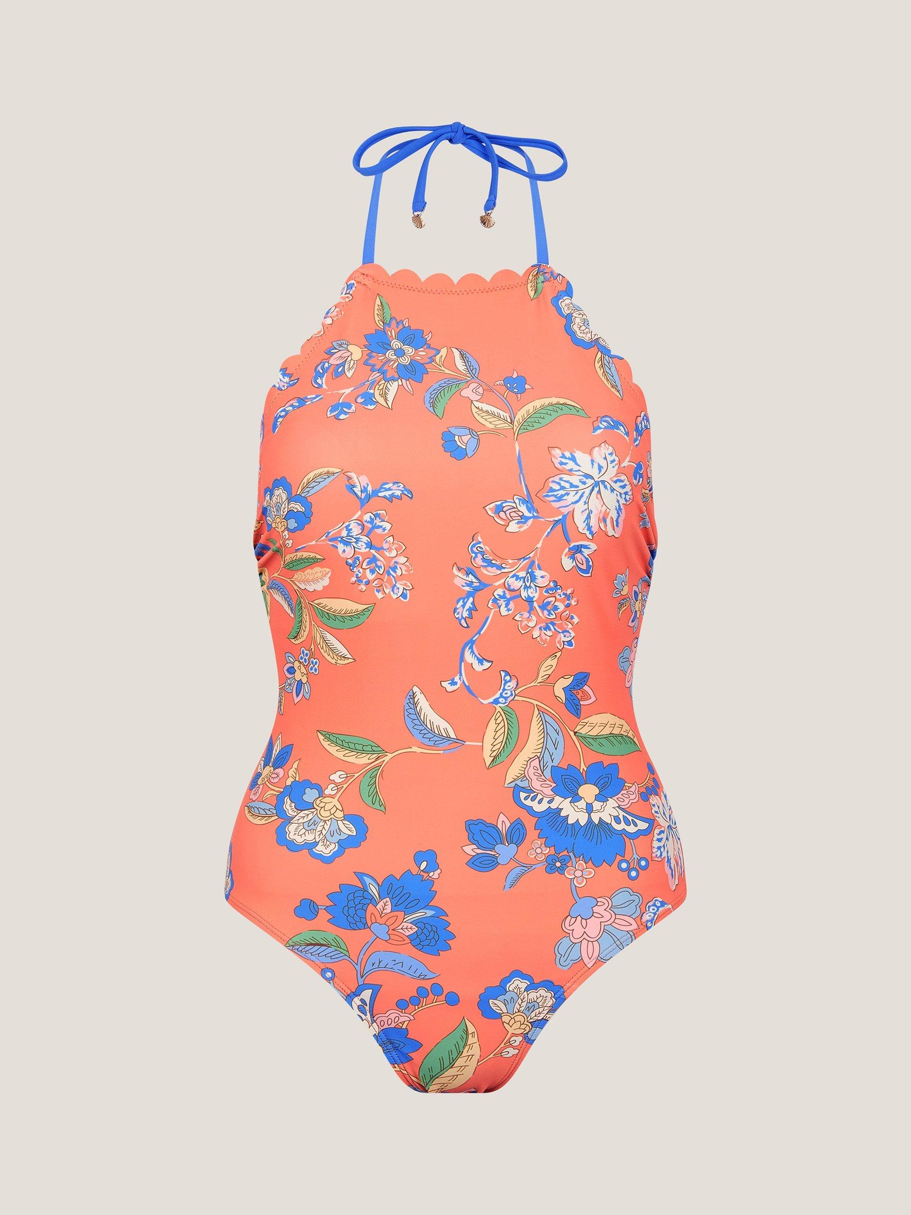 Product image 4 of 5, which shows Monsoon Kaia Floral Scallop Trim Halterneck Swimsuit, Orange/Multi, 8
