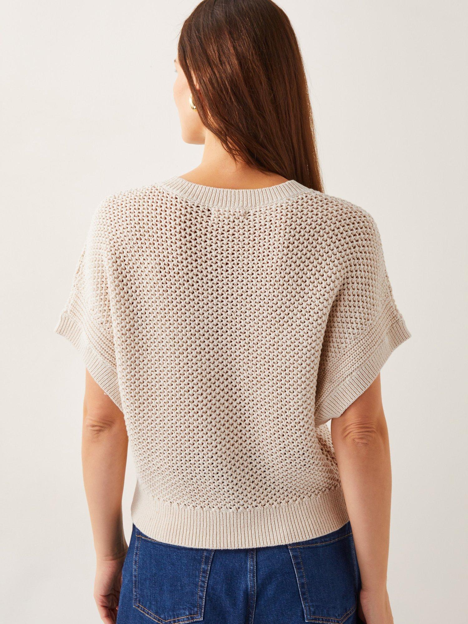 Product image 2 of 5, which shows Monsoon Saya Short Sleeve Buttoned Crochet Cardigan, Ivory, L